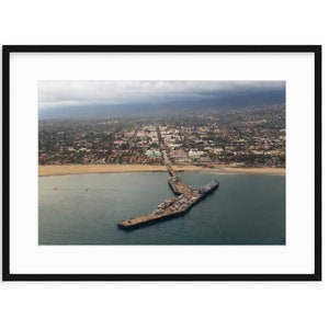 Santa Barbara pier, downtown, and mission in the hills, aerial photo, beach boardwalk, California coast, moody, teal home decor