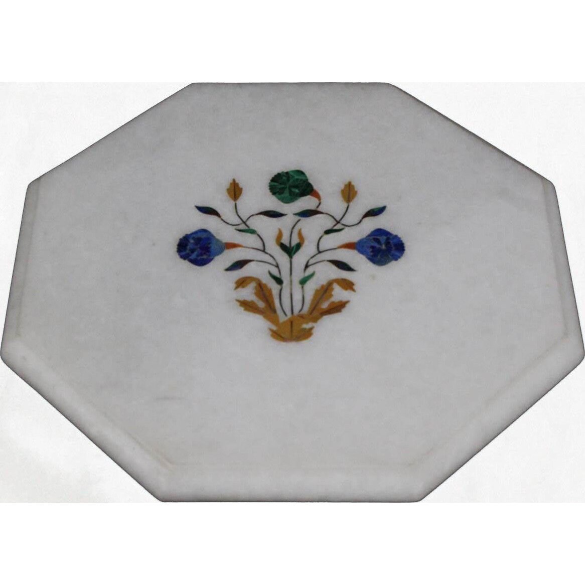 12x12 Inch White Marble Lapis Lazuli & Malachite Center Floral Inlay Marquetry Art Coffee Table Top