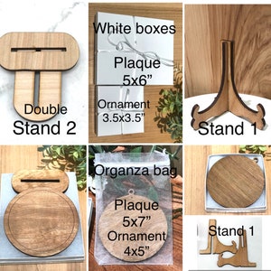 May include: A collage of images showing different display options for plaques and ornaments. The first image shows a wooden stand with a plaque that says "Plaque 5x6" and "Ornament 3.5x3.5". The second image shows a wooden stand with a plaque that says "Plaque 5x7" and "Ornament 4x5". The third image shows a wooden stand with a plaque that says "Stand 1". The fourth image shows a wooden stand with a plaque that says "Stand 2".