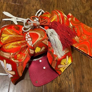 Traditional Floral Obi belt and bow in Gold and Orange. Vintage Japanese Obi Kimono Belt Tsuke Style Quick Tie Obi  main image 3
