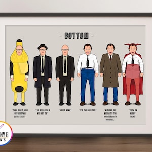 Könnte beinhalten: Eine digitale Illustration von sieben Männern in verschiedenen Kostümen. Die Männer stehen in einer Reihe von links nach rechts. Der erste Mann trägt ein gelbes Bananenkostüm. Der zweite Mann trägt einen schwarzen Anzug und eine rote Krawatte. Der dritte Mann trägt einen schwarzen Anzug und eine blaue Krawatte. Der vierte Mann trägt ein blaues Hemd und eine schwarze Krawatte. Der fünfte Mann trägt einen braunen Mantel und ein blaues Hemd. Der sechste Mann trägt ein rot-weißes Kostüm mit Teufelshörnern. Der siebte Mann trägt ein rot-weißes Kostüm mit Teufelshörnern. Der Text unter den Männern lautet "Sie hatten keine Kürbis-Outfits mehr", "Ich habe dir einen heißen Tipp gegeben", "Hallo Baby", "Es ist der Gasmann", "Blusen aus, Vögel, es ist der Hammersmith Harotier", "Süßes oder Saures".