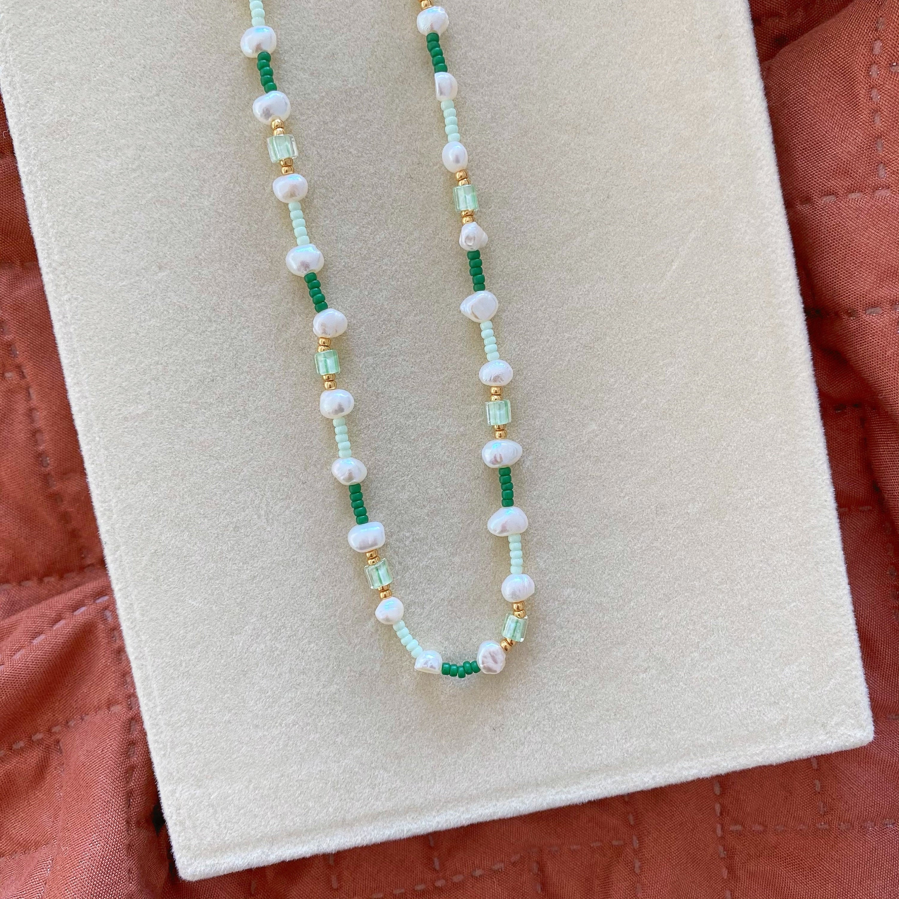 Pearl Necklace With Green Seed Beads / Gold Plated | Etsy