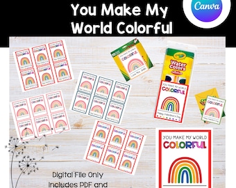 You Make My World Colorful Valentine Cards / Back to School Tags printable and editable with Canva