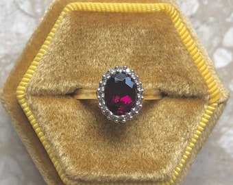 Garnet Diamond Halo Yellow Gold Vintage Ring