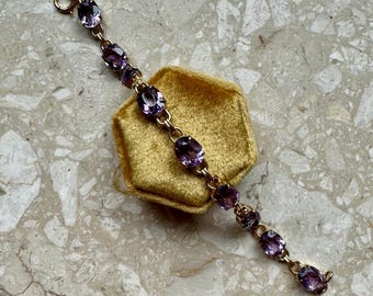 Pulsera de tenis vintage de plata de ley con amatista y oro.