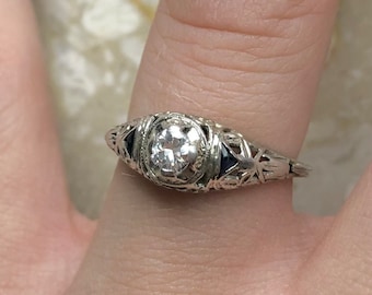 Antique 14k White Gold Filigree Diamond Sapphire Ring