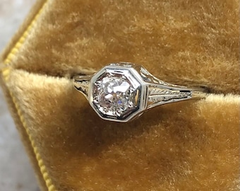 18k White Gold Filigree Old Mine Cut Diamond Wheat Antique Ring