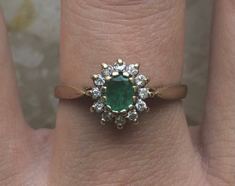 Emerald Diamond Halo Oval Yellow Gold Vintage Ring