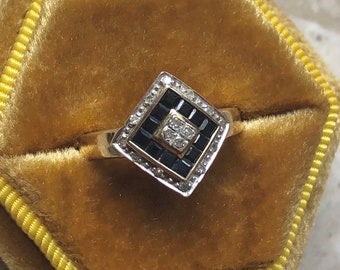 Art Deco Modern Sapphire Diamond Yellow Gold Vintage Ring