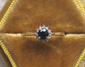 Sapphire Diamond Halo Vintage Yellow Gold Ring 