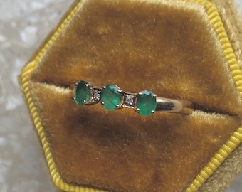 Three Emerald Oval Diamond Yellow Gold Vintage Ring