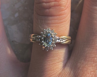 Aquamarine Diamond Halo Oval Yellow Gold Vintage Ring