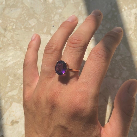 Oval Amethyst Rose Gold Solitaire Vintage Ring - image 3