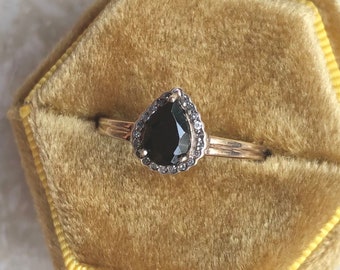Vintage Pear Sapphire Diamond Halo Yellow White Gold Ring