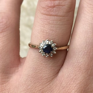 Vintage Sapphire Diamond Halo Yellow Gold Ring