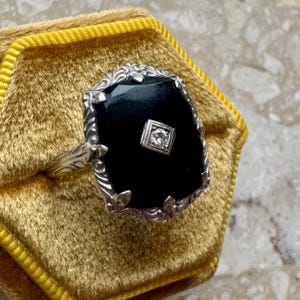 Antique Filigree Onyx Diamond 14k White Gold Ring