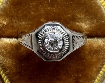 Anillo antiguo de oro blanco de 14 k con espigas de trigo y diamantes europeos antiguos con filigrana