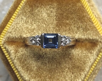 Ceylon Sapphire Asscher Diamond White Gold Vintage Ring