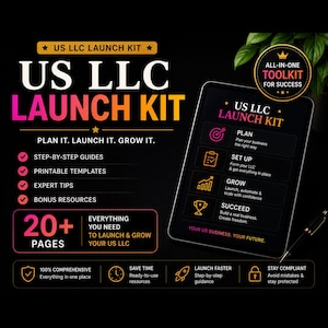 Pode incluir: Imagem promocional de um Kit de Lançamento de LLC nos EUA. O kit inclui guias passo a passo, modelos imprimíveis e dicas de especialistas. A imagem apresenta um tablet exibindo os recursos do kit, incluindo planejamento, configuração, crescimento e estratégias de sucesso.