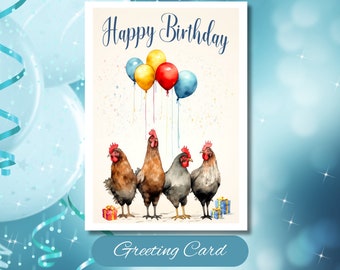 Party Chickens: Happy Birthday Chickens Greeting Card, Chicken Party Supplies, Chicken Invitation Card, Chicken Birthday Card