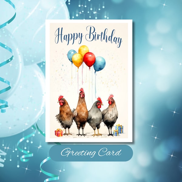 Party Chickens: Happy Birthday Chickens Greeting Card, Chicken Party Supplies, Chicken Invitation Card, Chicken Birthday Card