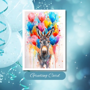 Festive Donkey Birthday Card: Watercolor Balloons