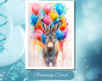 Festive Donkey Birthday Card, Donkey Celebration Card, Happy Birthday Donkey Lover Greeting Card, Farm Animal Card