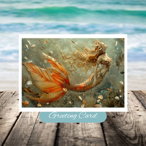 Mermaid Greeting Card: Ethereal Tides Golden Melody, Coastal Scene