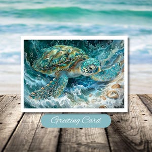 May include: A greeting card featuring a detailed illustration of a sea turtle swimming in turquoise water. The turtle has a patterned shell with shades of green, blue, and yellow. The card has the words "Greeting Card" on the bottom.