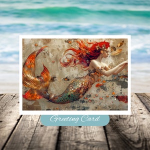 Ethereal Tides: A Mermaid's Serenade Greeting Card, Mermaid Seascape Card, Beach and Coastal, Beach Scene, Blank Inside