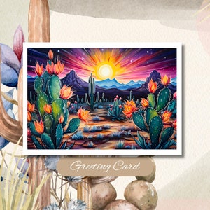 Desert Cactus Sunset Burst Greeting Card, Greeting Card Blank Inside, Nature Lovers, Loves the Desert
