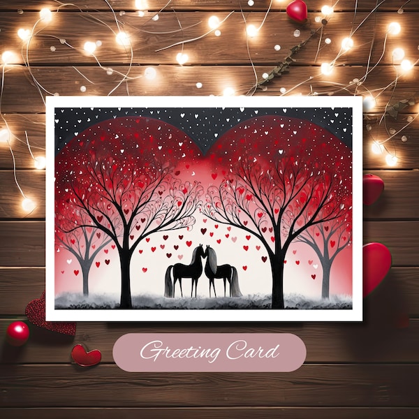 Starry Love: Romantic Horses Greeting Card with Floating Hearts, Valentine's Card, Equestrian Gift Card, Western Cowgirl Card, Love Note