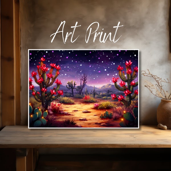 Desert Cactus Twinkling Stars Art Print, 5x7 Cactus Wall Art, Nature Lovers, Loves the Desert, Desert Print, Home Decor, Desert Landscape