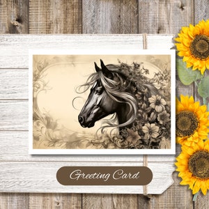 Vintage Horse Greeting Card: Equine Floral Charm