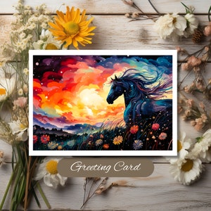 Horse in Wildflower Field Art Card: Dawn Radiance Greeting Card