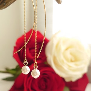 Pearl Threader Earrings: Austrian Crystal, Gold Plated (Nickel Free)