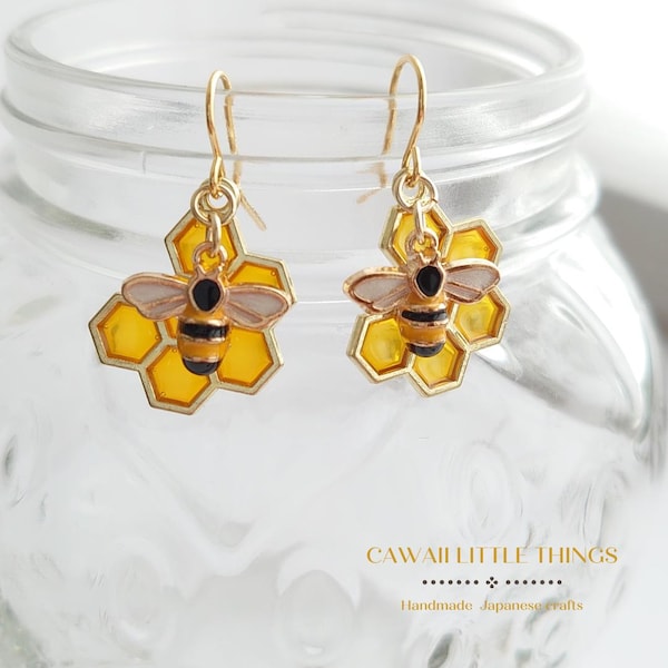 Honeycomb Bee Earrings: Enamel Charm, Hypoallergenic, Sensitive ears, Honeybee accessories, Bee, Lavender