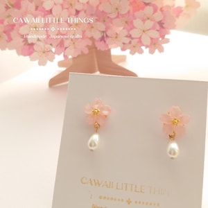Sakura Drop Earrings: Hypoallergenic Cherry Blossom Studs, Pink flower, Sensitive ears, Dainty, faux pearl