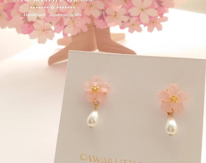 Sakura Drop Earrings: Hypoallergenic Cherry Blossom Studs, Pink flower, Sensitive ears, Dainty, faux pearl