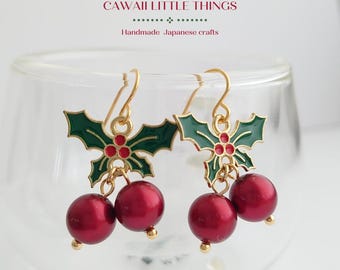 Holly Christmas Earrings, Hypoallergenic, Festive accessories, berry earrings, Sensitive ears,