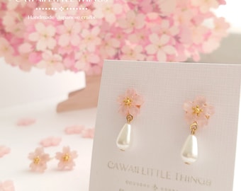 Sakura earrings - studs - with acrylic pearl drop - with Sakura drop/ cherry blossom / Hypoallergenic / Cherry blossom/ flower / gift