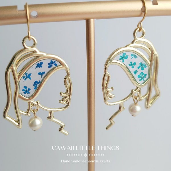 Real dried flower "Girl with a Pearl" Earring - Faux pearls / Johannes Vermeer / hypoallergenic / Leverback / gift / art / face earrings