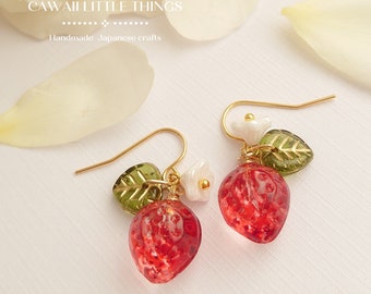 Strawberry Dangle Earrings: Red Glass Beads, Hypoallergenic Hooks (Outlet)
