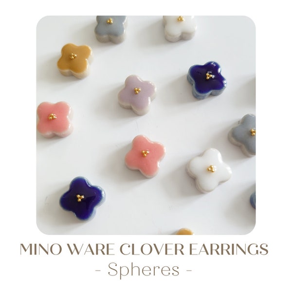 Ceramic clover stud earrings - Spheres / Mino yaki tile/ Mino ware /flower earrings / Japanese/ zen/ ceramic earrings / gift /Hypoallergenic