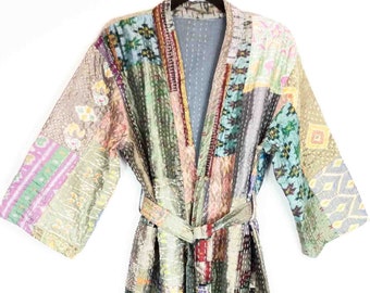 Robe sari kantha vintage en patchwork de soie veste longue sari kimono en soie Patola veste pure soie veste kantha cadeaux