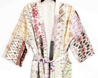 Robe sari kantha en soie vintage patchwork pastel veste longue sari soie Patola robe kimono veste en soie pure veste kantha cadeaux