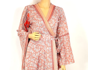 indian silk wrap dress Indian Silk-mix Maxi Wrap Dress - Wrap Kimono With Oriental Print & Golden  Accents