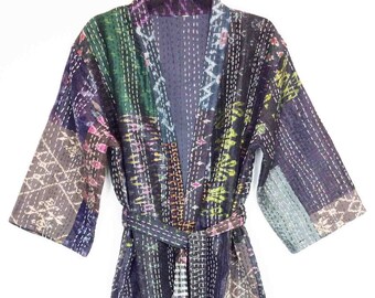 Robe sari kantha vintage en patchwork de soie veste longue sari kimono en soie Patola veste pure soie veste kantha cadeaux