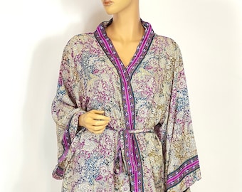 Purple Plus Size New Silk sari Kimono, XXL Size clothing, XL Size, Free Size silk kimono, Luxury Lounge Digital Print luxurious Gown, Kimono