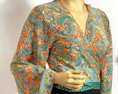 Green/Blue Wide Bell Sleeves Tie Top, New Silk Sari Top, Wrap Tie Top, Hippie Sari Wrap Top, Silk Crop Tie Top, Flare Sleeves Crop Top,
